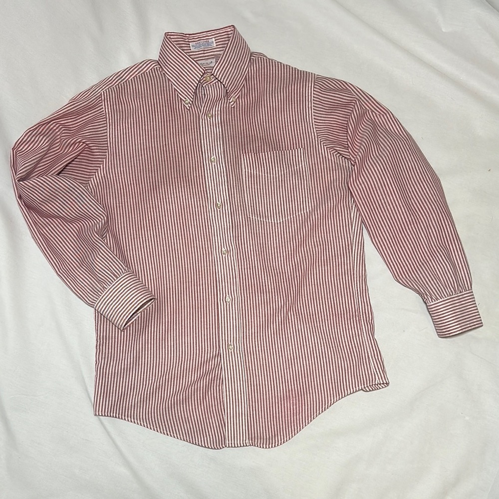 Men's 1970’s Red Striped Oxford Cloth, Long Sleeve Button Down